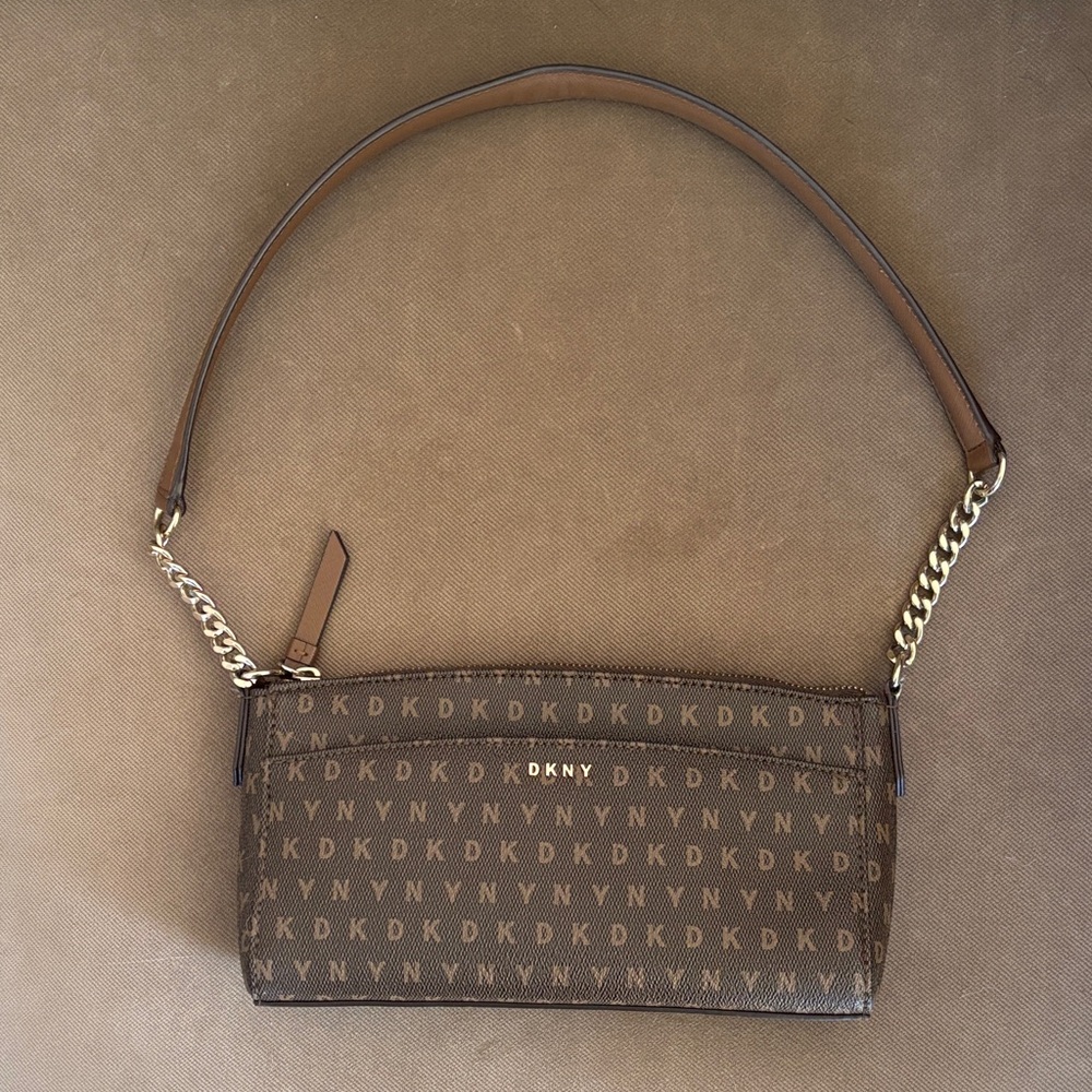 DKNY Dark Brown Monogram Chain Shoulder Bag